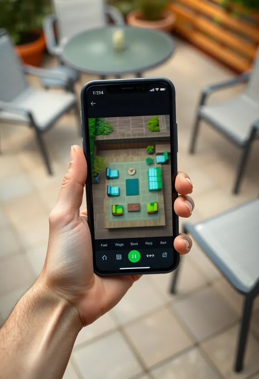 Mobile phone screen showing Planner 5D app with a backyard patio design featuring outdoor furniture and garden beds in top-down view