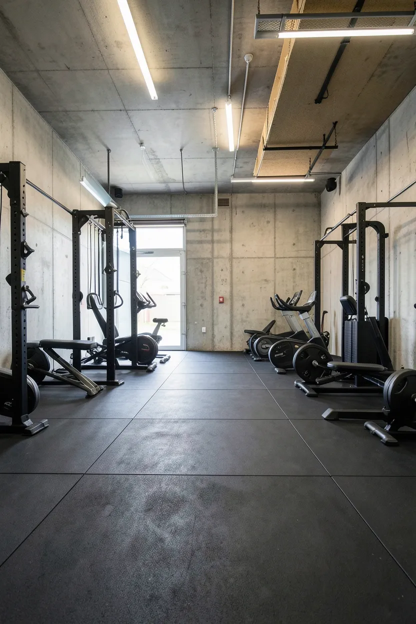Garage home gym transformation with interlocking rubber floor tiles, overhead LED lighting, and organized weight rack along structural wall