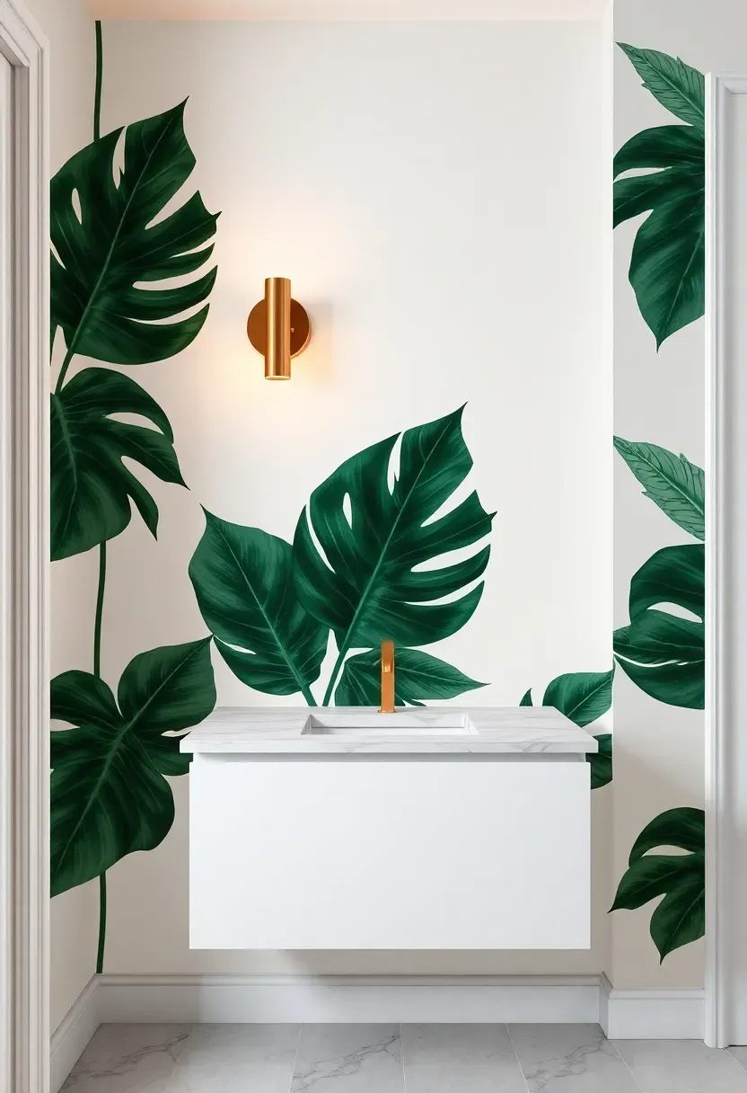 Botanical print wallpaper with large tropical leaves in green and white on a bathroom accent wall with gold sconce lighting