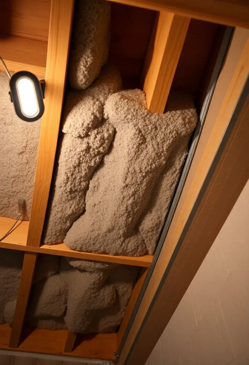 Basement apartment ceiling with acoustic panels installed between joists, showing exposed wood framing and sound-dampening material