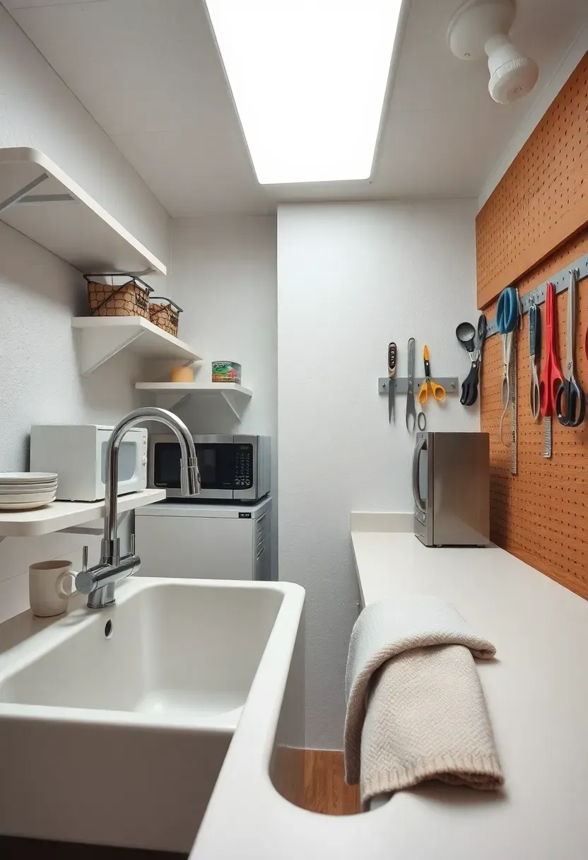 Basement craft room with a small kitchenette area at one end, featuring a utility sink, microwave, counter for snacks, and pegboard tool wall nearby