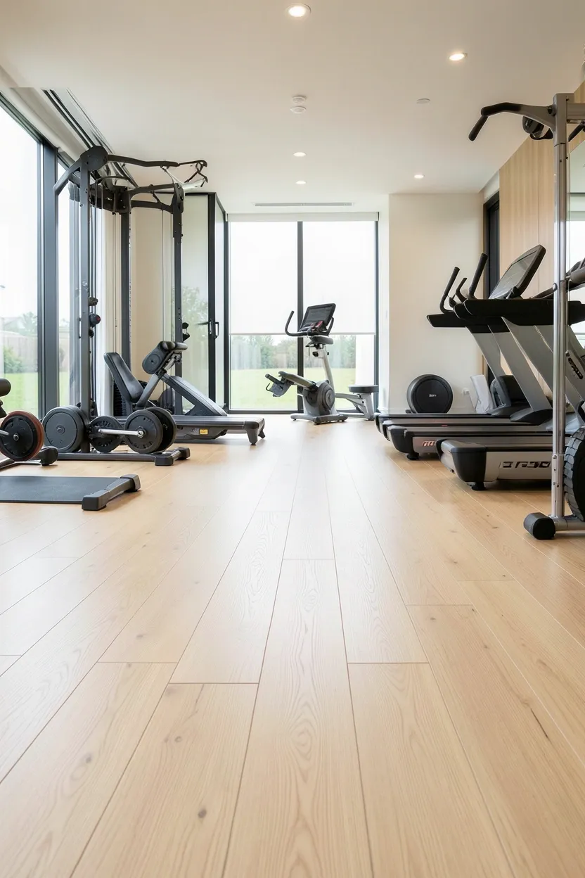 Natural strand-woven bamboo flooring in a bright eco-friendly home gym with plants and dumbbells