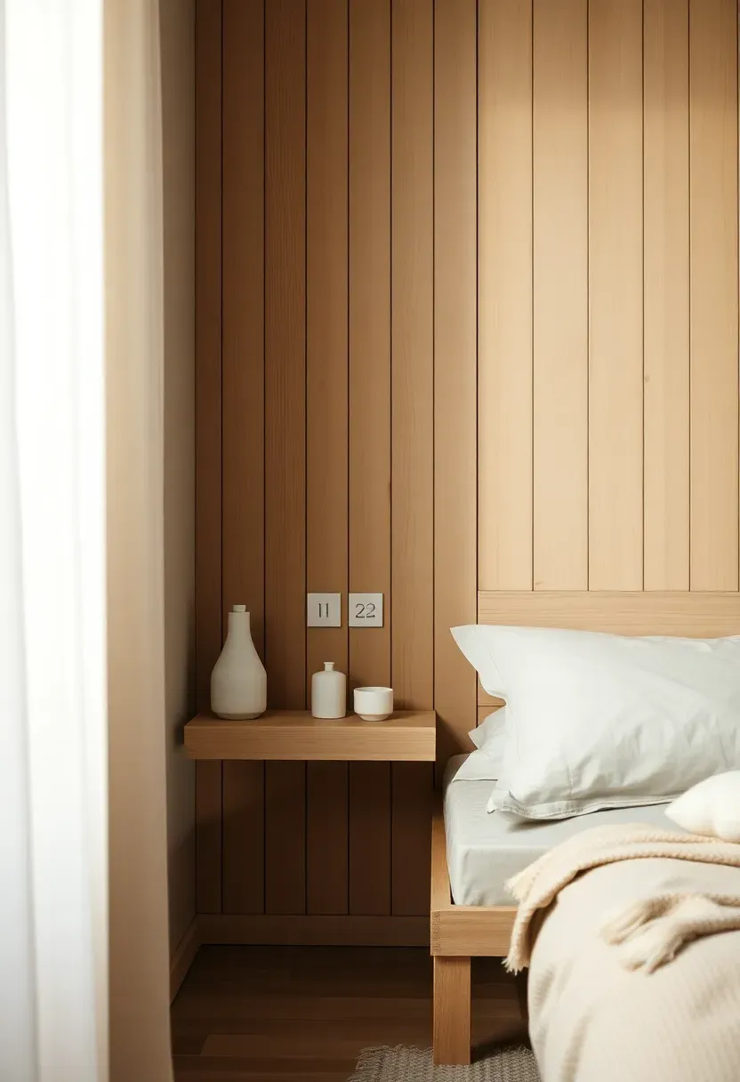 Pale pine slat headboard with shelf ledge
