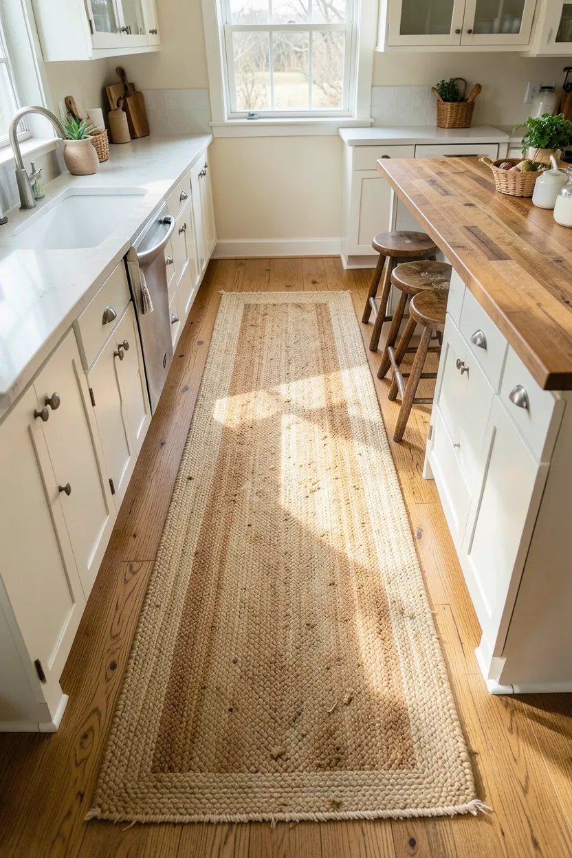 Hyper-realistic overhead perspective of runner rug in cottage kitchen aisle. Natural jute runner rug with braided texture and slight variation in color tones running down center aisle between island and cabinets. Rug showing wear patterns from foot traffic - slightly flattened in high-traffic areas, small loose threads at edges. White shaker cabinets on both sides, butcher block island with vintage stools. Warm oak flooring visible on either side of rug. Creamy white walls, natural light from windows casting shadows. Materials: natural jute, painted wood, walnut, natural oak. Cozy textural cottage mood. Visible kitchen context - entire aisle showing rug from end to end. Slight food crumbs and dust visible on rug showing daily kitchen use. No text, no logos, no watermarks.</p>