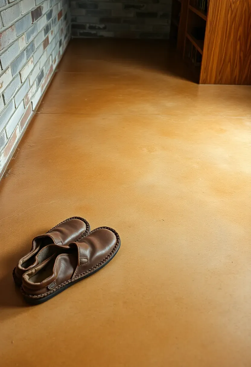 Basement floor with water-based concrete stain in a warm honey brown tone showing soft translucent color variation