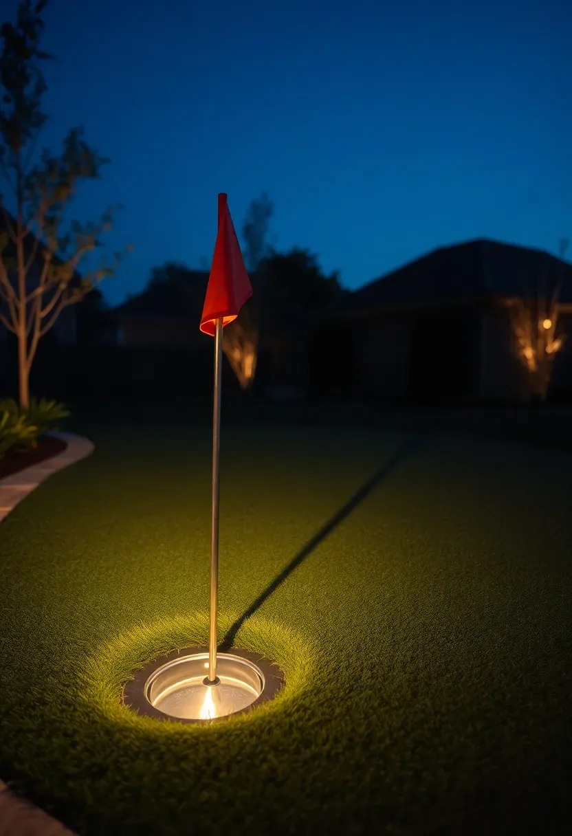 Backyard putting green illuminated by warm LED ground lights at dusk with flagstick shadows on the turf