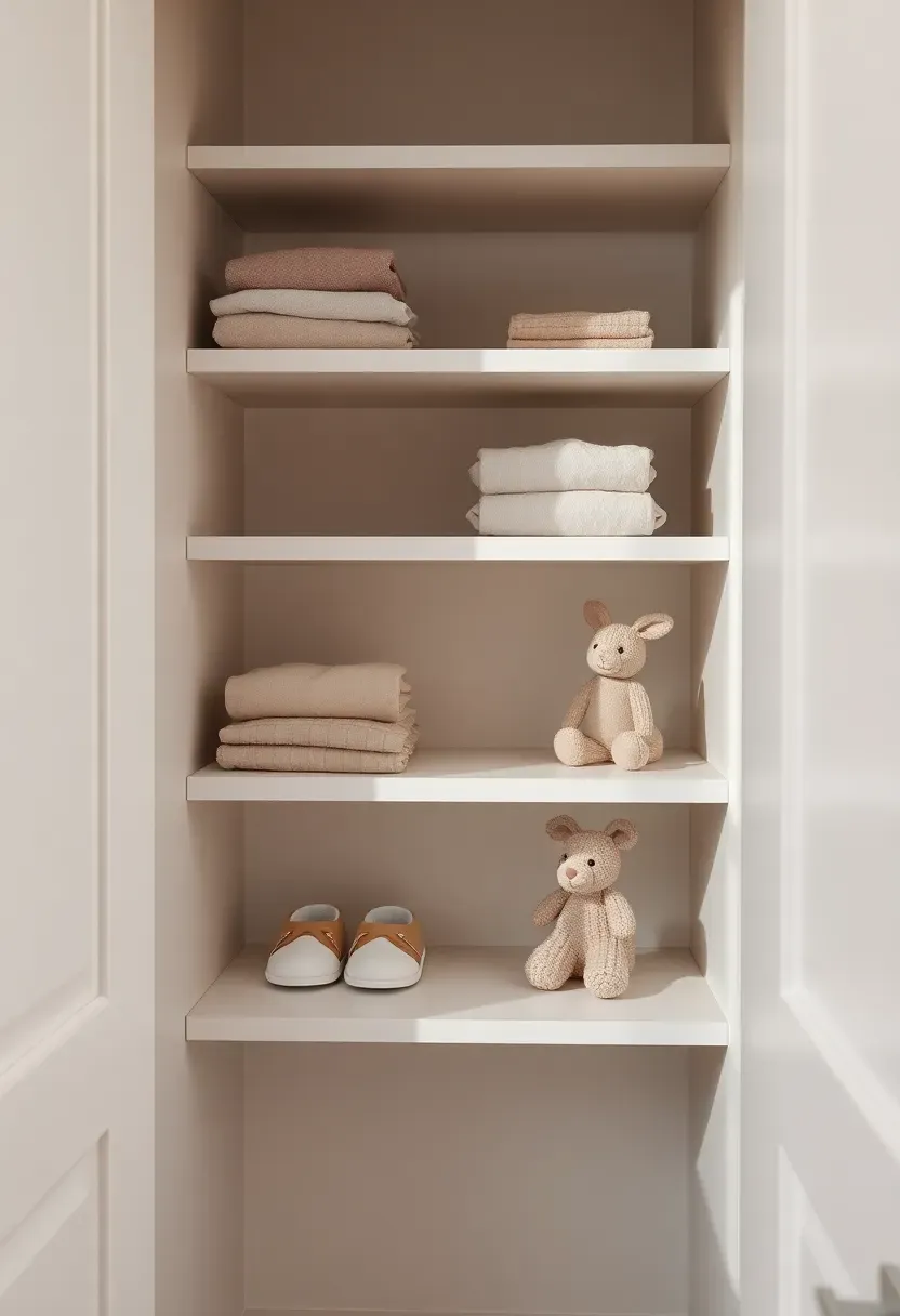 minimalist nursery closet with open white shelves displaying folded baby clothes and small toys