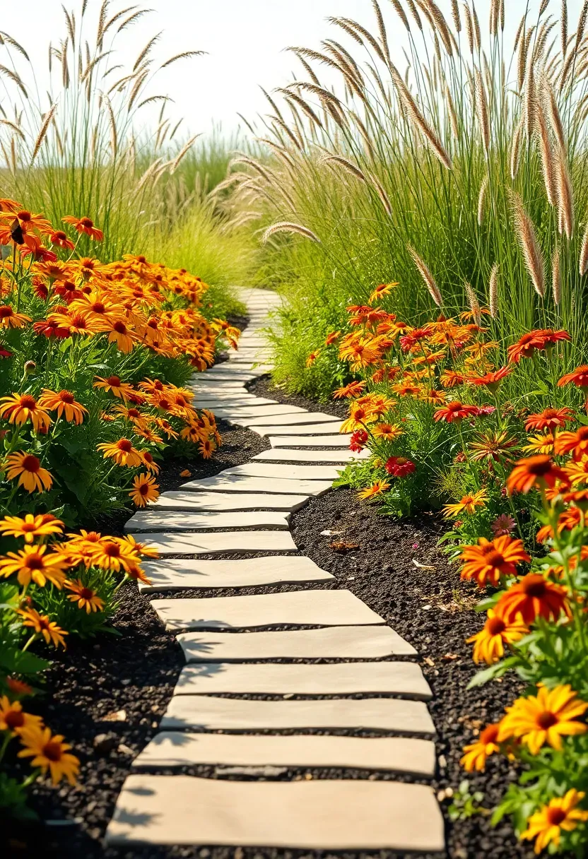 Winding garden pathway flanked by pollinator-friendly flower beds bursting with coneflowers, black-eyed Susans, bee balm, and native grasses in a sunny meadow garden