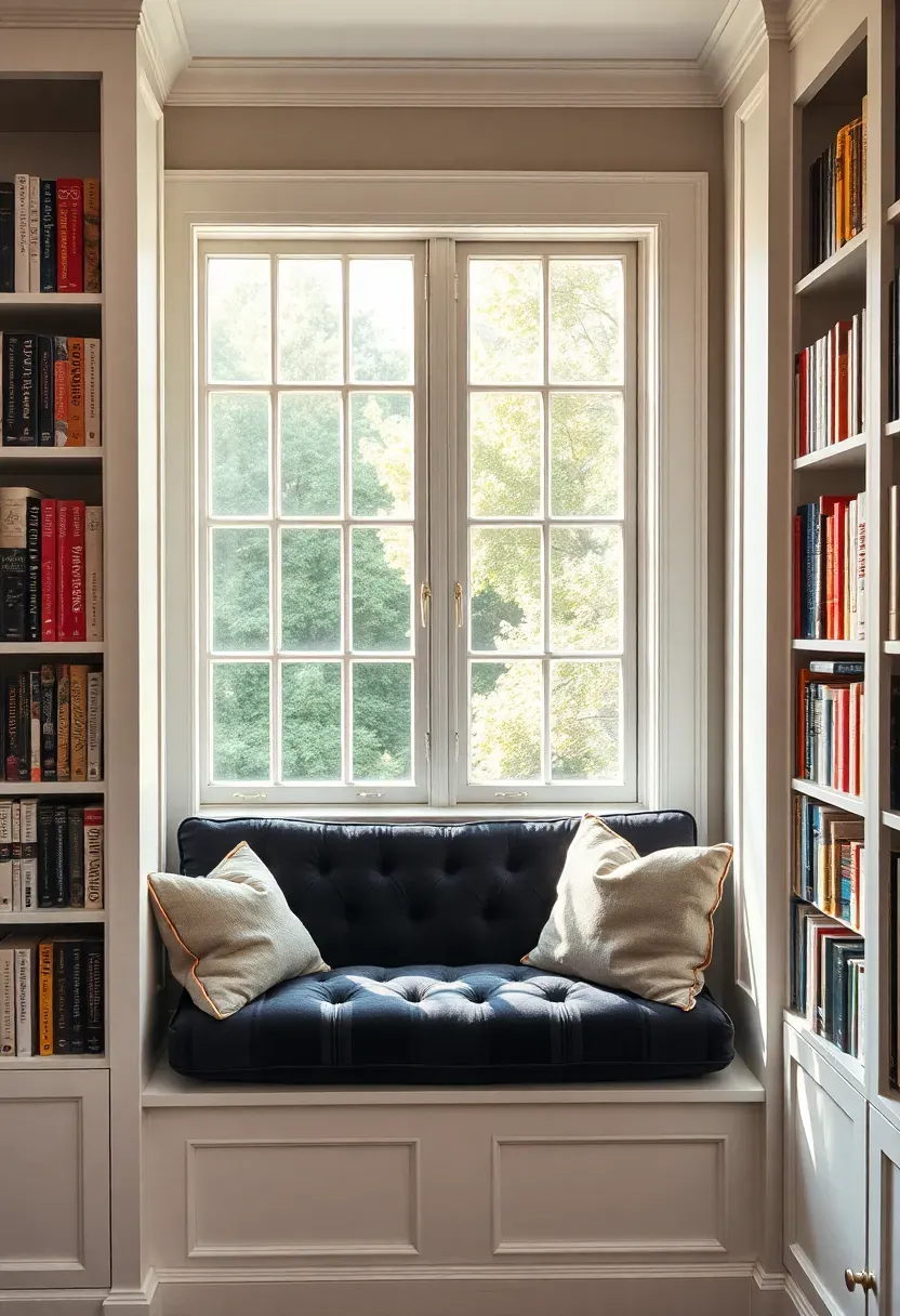 Hyper-realistic 3/4 view of a window seat reading nook with built-in bookcases on both sides. White painted wood bookshelves filled with colorful book spines, window seat with charcoal velvet tufted cushion and linen pillows, overlooking a garden through divided-light windows. Materials: painted wood, velvet fabric, linen, brass hardware. Soft natural daylight streaming through window, creating warm glow on book spines and cushion. Cozy intimate mood like an English cottage reading room. Balanced composition, visible window muntins, soft shadows, no text.</p>