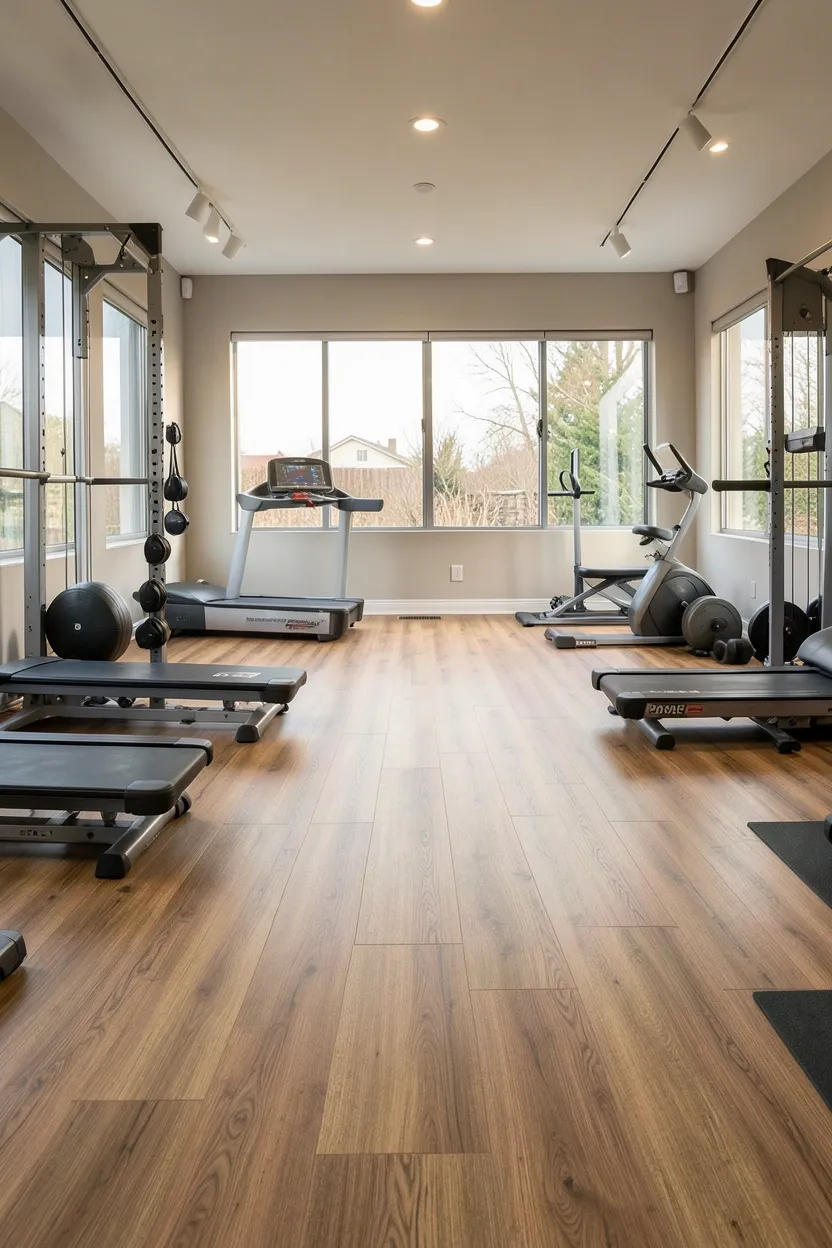 Terracotta-toned natural linoleum sheet flooring in an eco-friendly apartment gym with potted plants