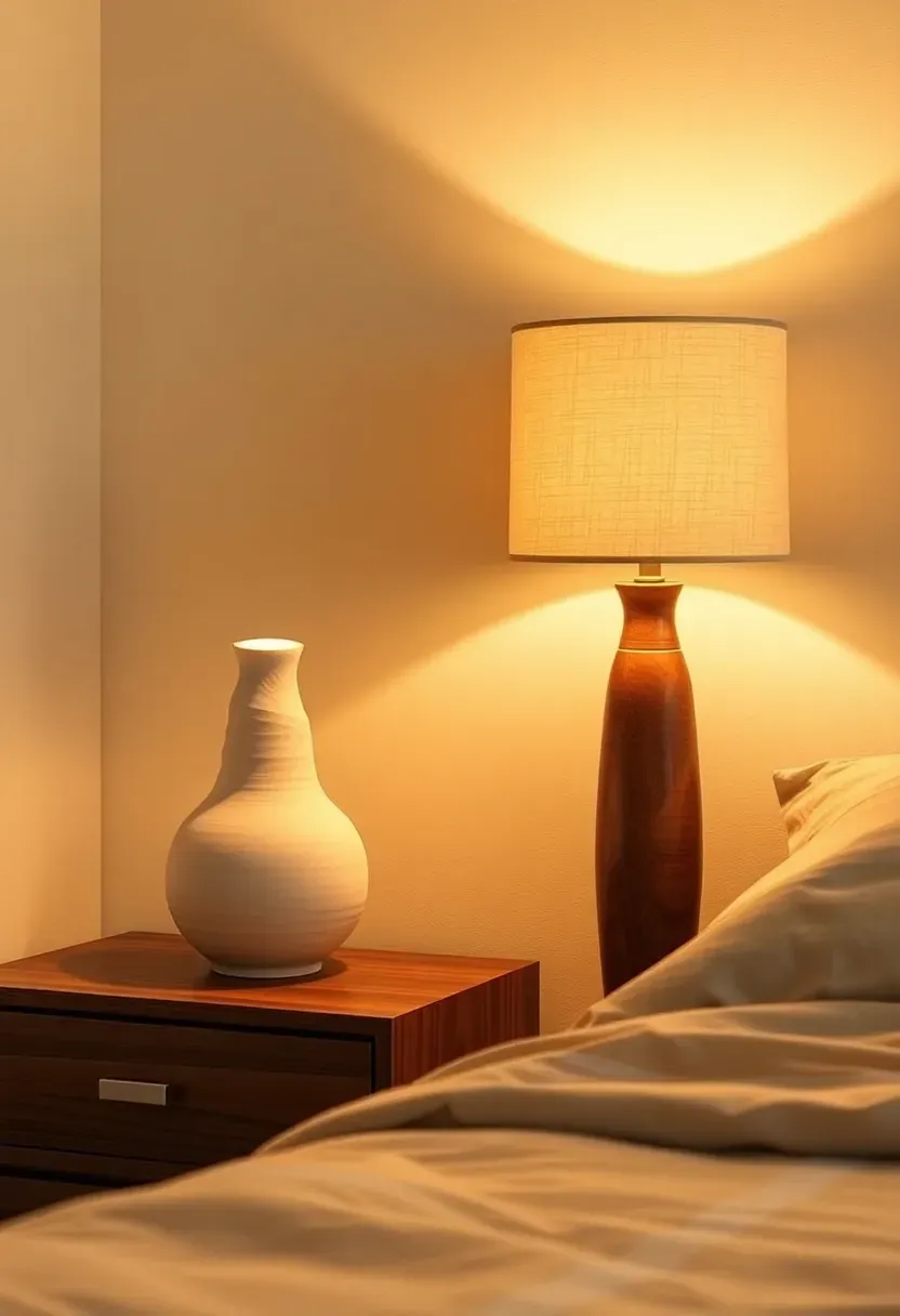adult bedroom corner with sculptural ceramic table lamps on walnut nightstands casting warm upward light against a cream wall