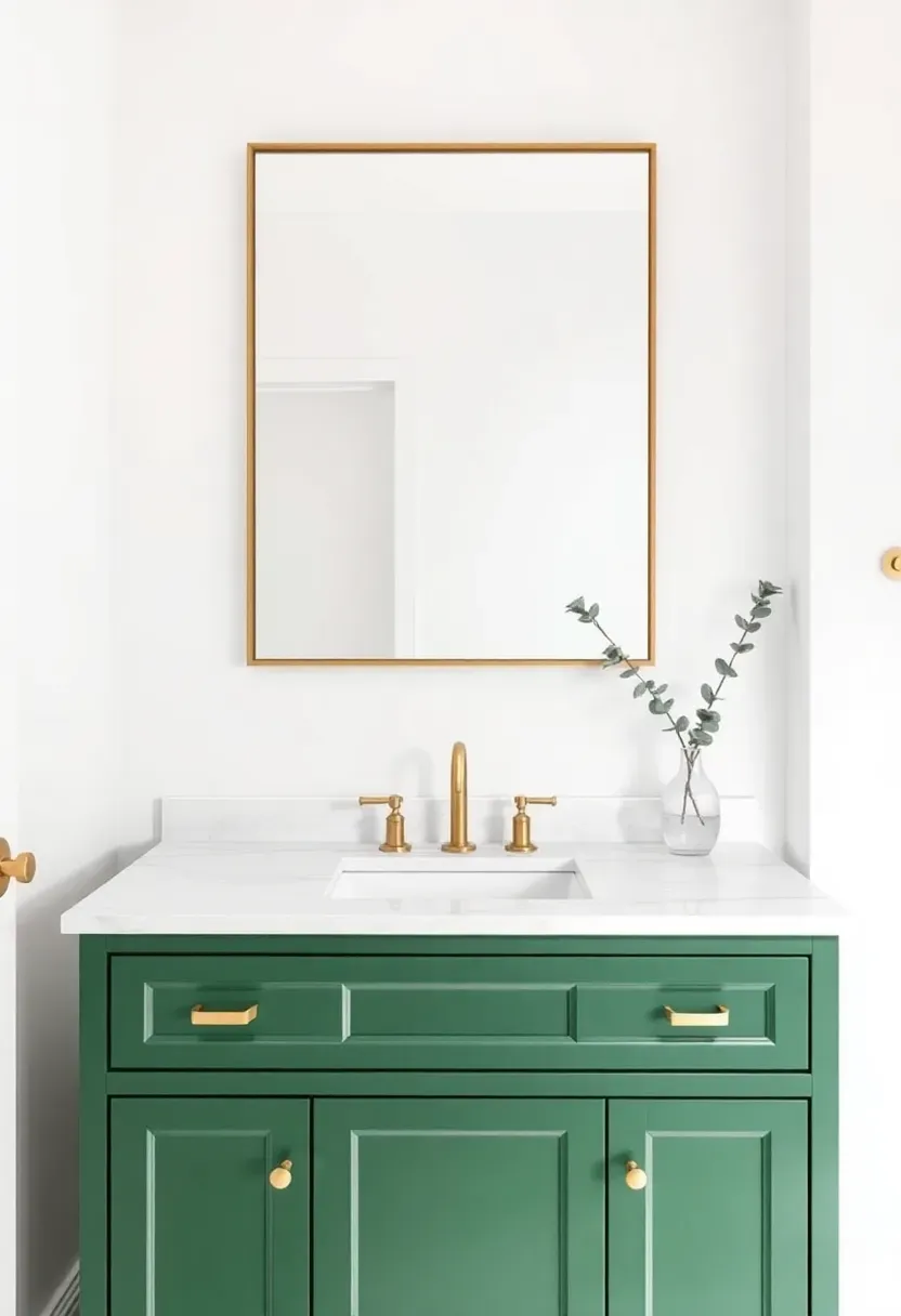 Dark hunter green bathroom vanity with white marble top, brass pulls, and frameless rectangular mirror — hunter green vanity statement for small apartments