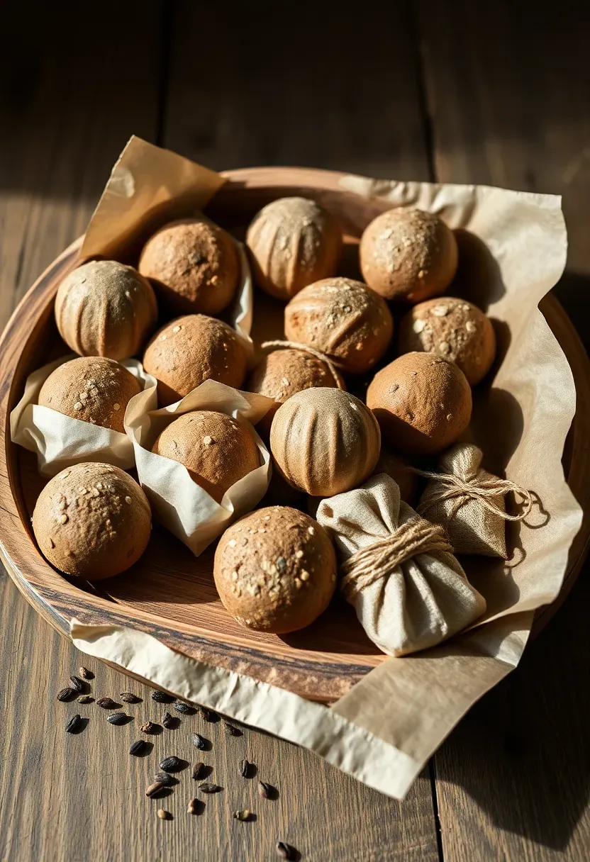 small round seed bombs wrapped in tissue paper on a wooden tray with wildflower seeds