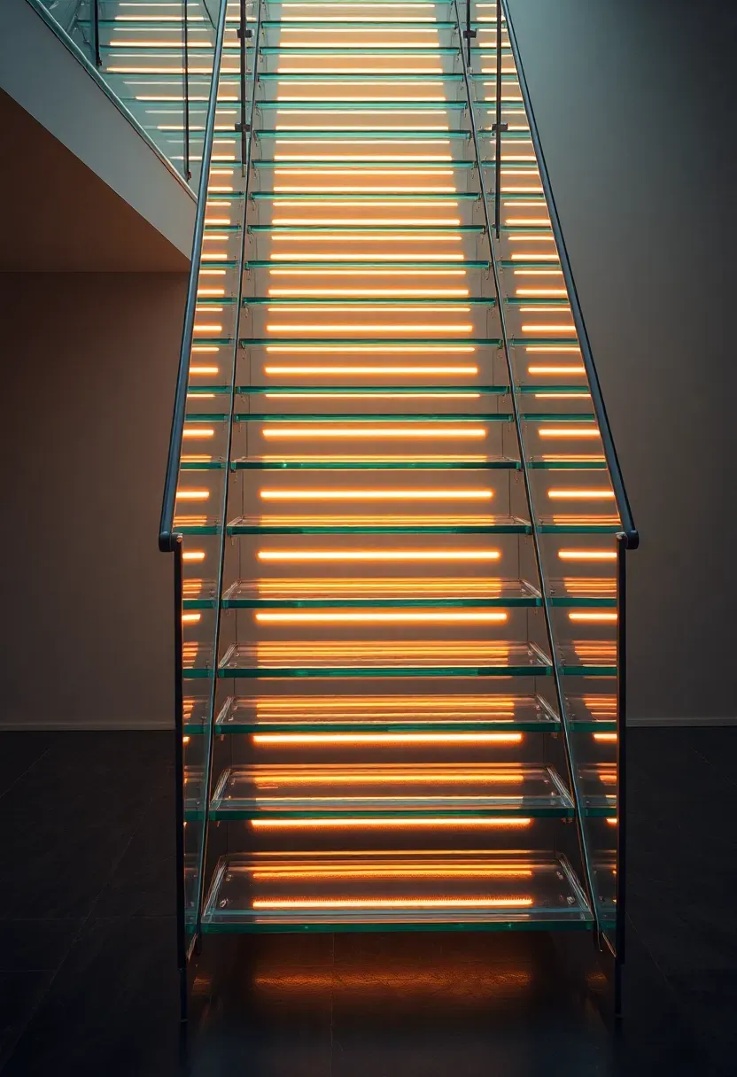 Sleek glass staircase with backlit tempered glass treads glowing with warm LED strips, stainless steel stringers, and frameless glass balustrade