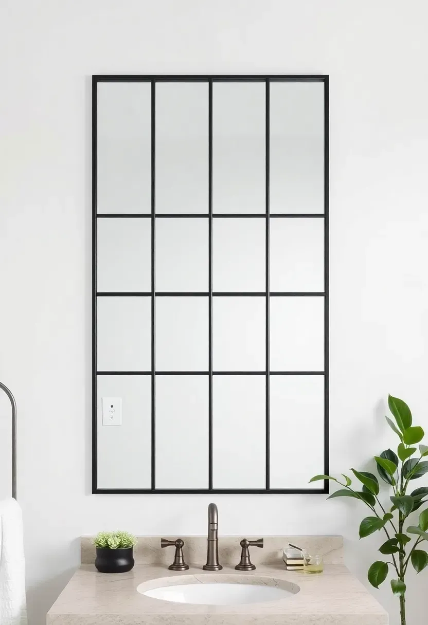 Bathroom mirror divided into nine panes by a thin black metal grid, mimicking a steel window above a stone vanity with green plants