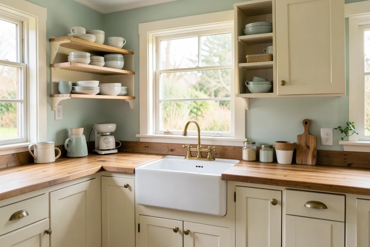 Small cottage kitchen with white cabinets, open shelving, butcher block countertops, and vintage brass hardware — charming renter-friendly design