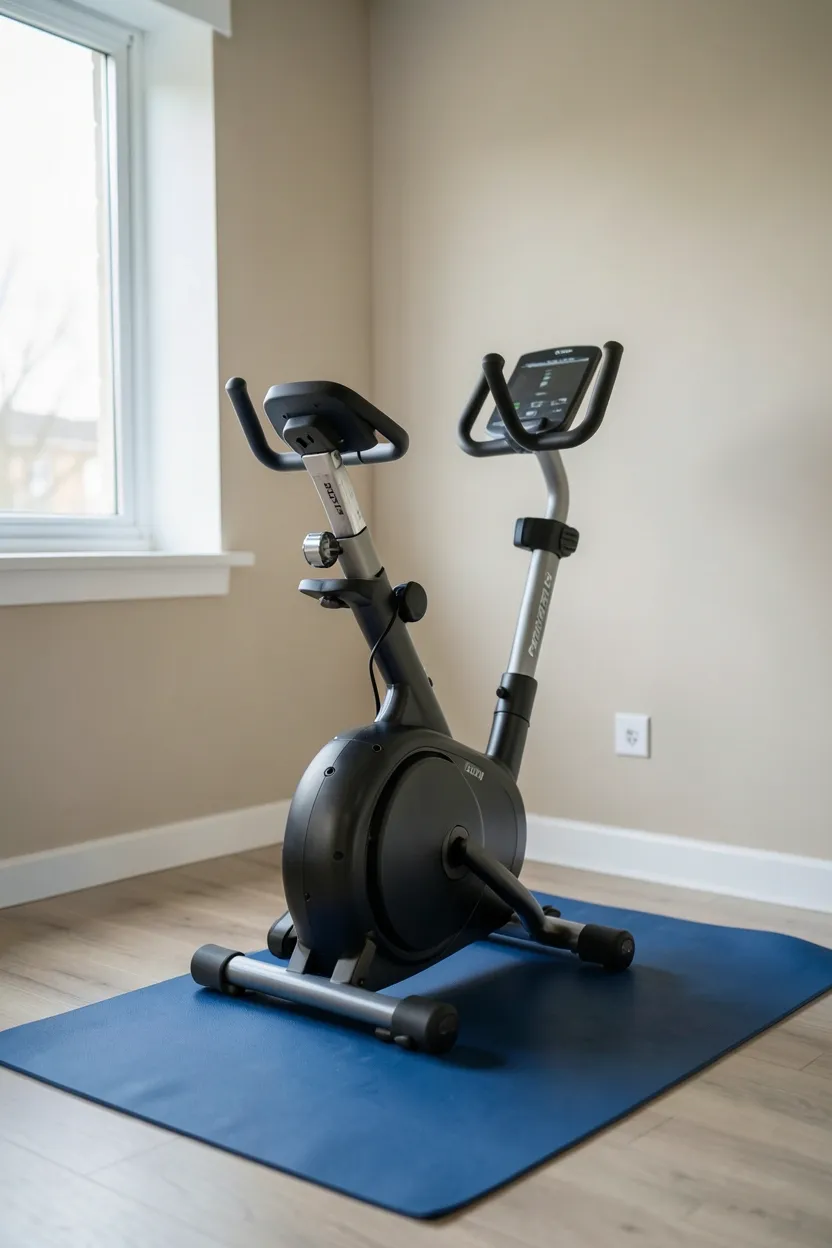 Foldable compact elliptical machine in the corner of a small apartment bedroom — space-saving cardio equipment for home gym