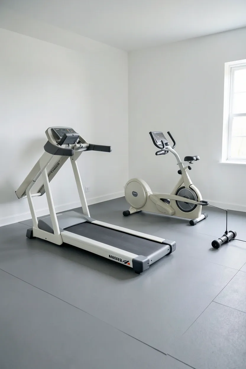 Foldable treadmill stored vertically against wall in a small apartment gym room — space-saving cardio equipment for compact home workout spaces