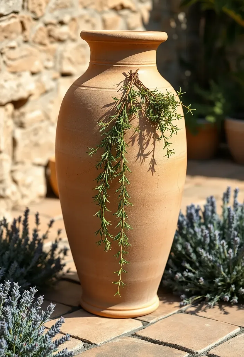 Tall weathered olive jar planter in pale terracotta with a narrow neck surrounded by Mediterranean herbs on a sunlit stone terrace