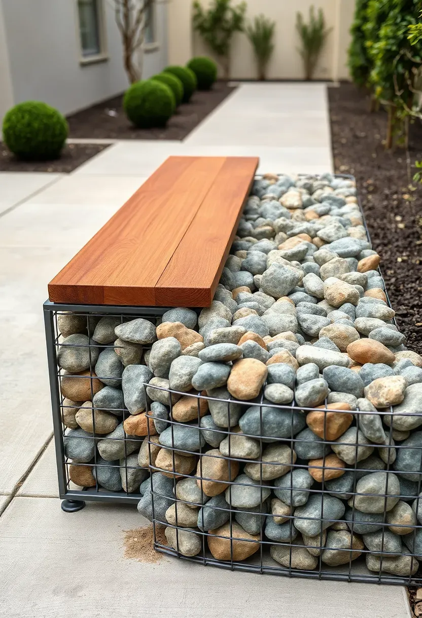 Gabion wire cage bench filled with river rock with a thick wooden plank seat on top in a modern backyard garden