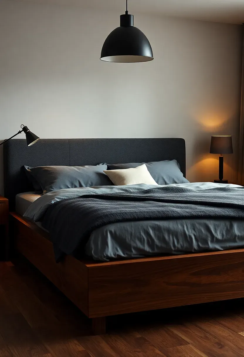 modern adult bedroom featuring a dark walnut bed frame charcoal upholstered headboard gray bedding and a black metal pendant light