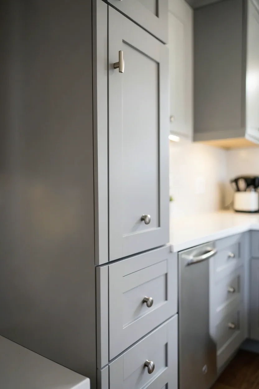 Medium gray shaker cabinets with clean white quartz countertops and matte black hardware in a timeless kitchen design
