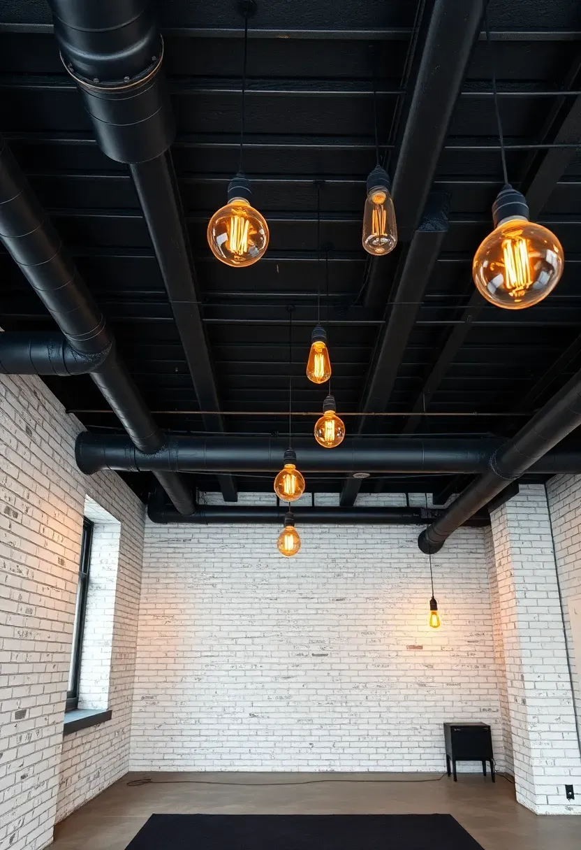 Basement with exposed ceiling joists painted matte black, industrial pendant bulbs, and whitewashed brick walls