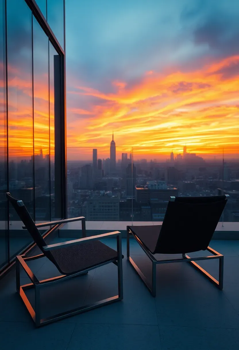Modern terrace with frameless glass balustrade providing unobstructed panoramic views, sleek lounge furniture, and a dramatic sunset over a city skyline