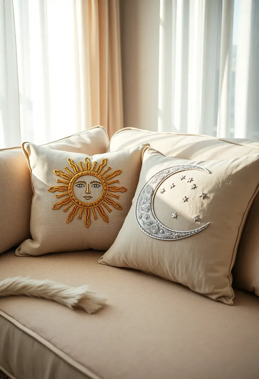 Pair of celestial throw pillows on a linen sofa, one featuring a golden sun face and the other a silver crescent moon