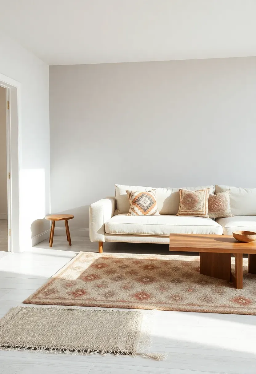 Hyper-realistic 3/4 view of minimalist living room with neutral base and global pattern accents. Materials: cream linen sofa, light gray walls, white oak floor, one Turkish kilim rug with geometric patterns in cream rust and gray, two Indian block-print pillows in similar tones, simple wood coffee table. Soft natural light emphasizing subtle pattern integration. Clean neutral environment with small pops of cultural pattern.</p>