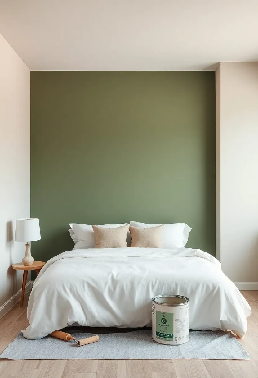 Single accent wall painted deep sage green behind a bed with white linen bedding and a paint roller on a drop cloth