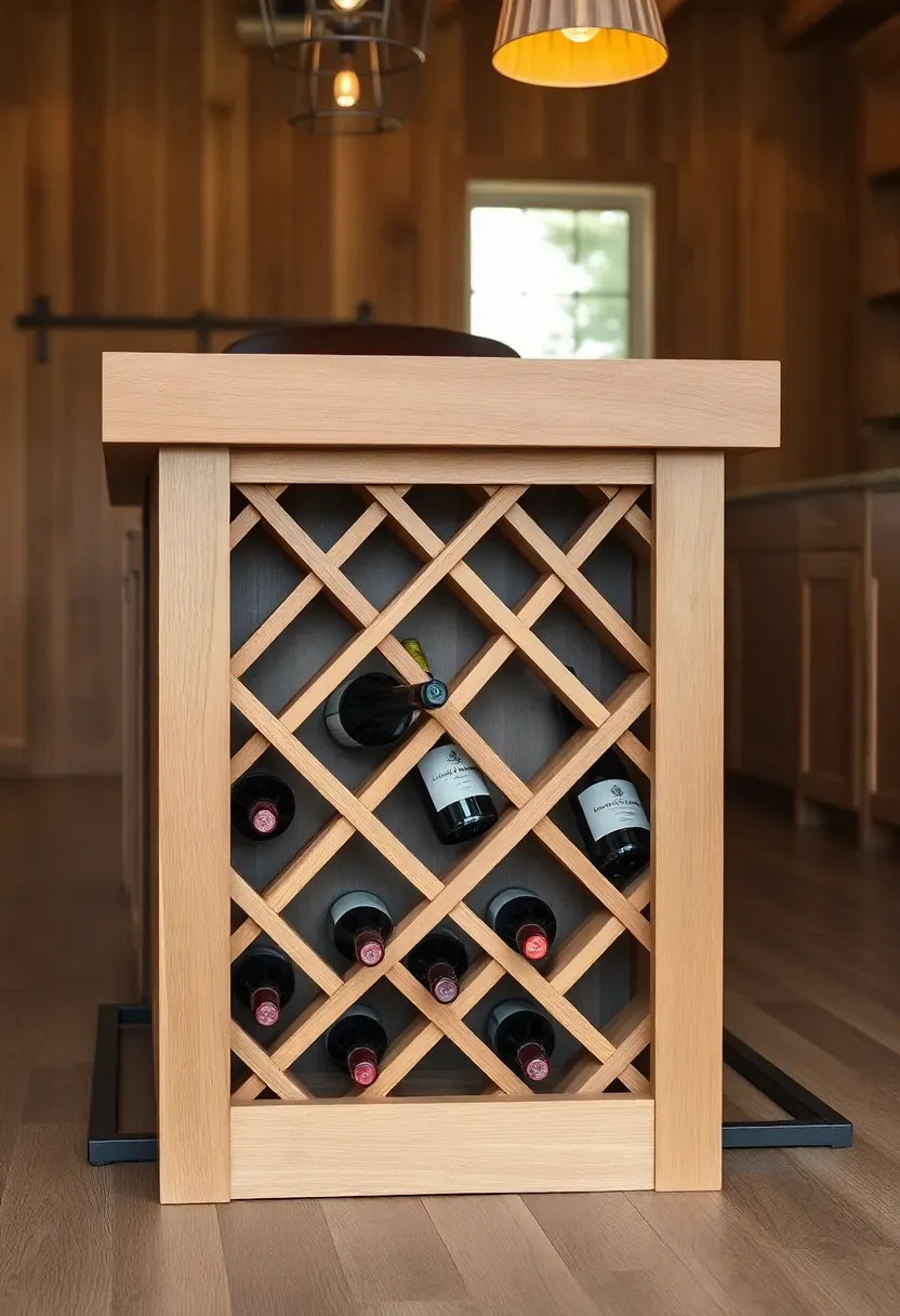 custom built wine storage cubby beneath a kitchen island in a barndominium