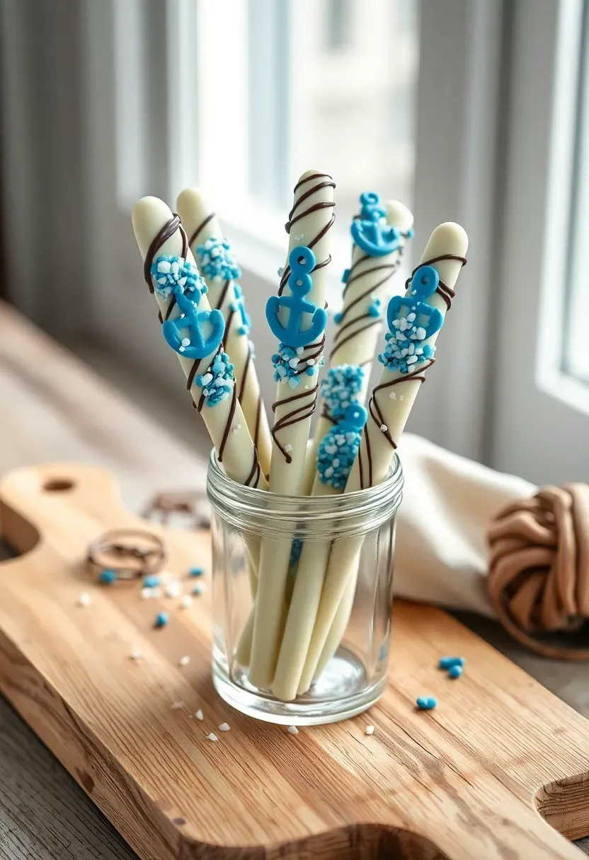 white chocolate dipped pretzel rods decorated to look like nautical anchors with blue and white sprinkles on a wooden board