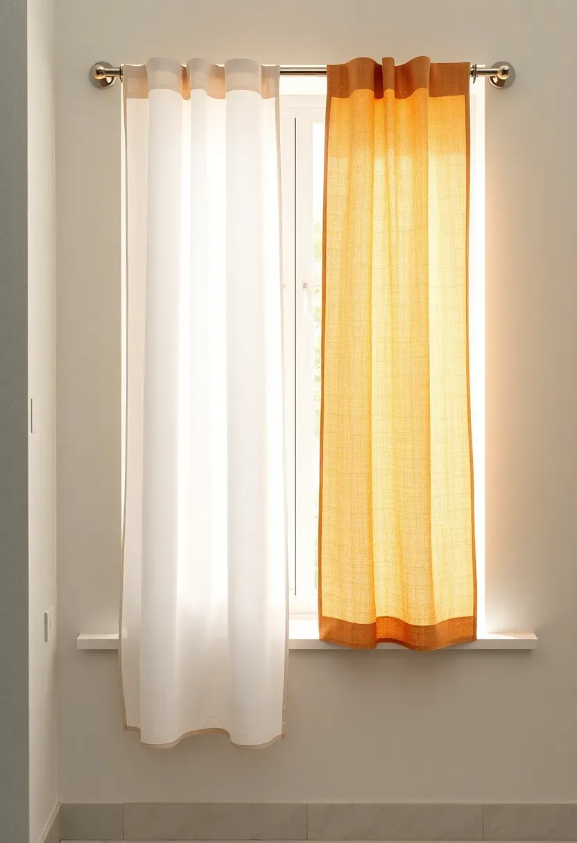 Bathroom window with double layer curtain setup sheer white panel behind and heavier linen panel in front day-night versatility