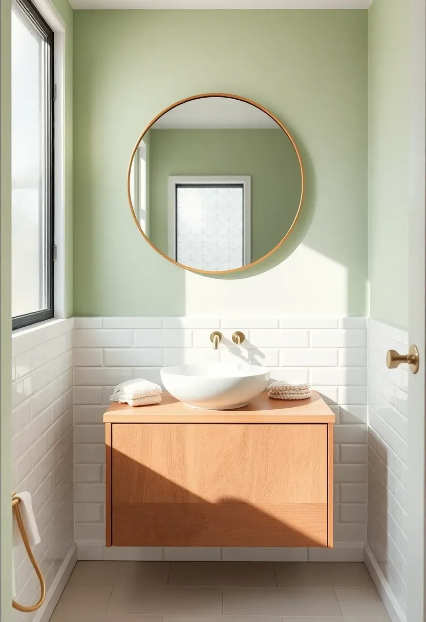 airy bathroom with pale pistachio green walls and white subway tile and wooden vanity