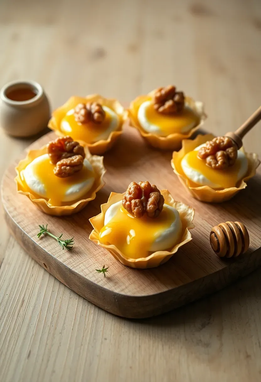 warm baked brie bites in phyllo cups with honeycomb pieces walnuts and fresh thyme on a rustic wooden board