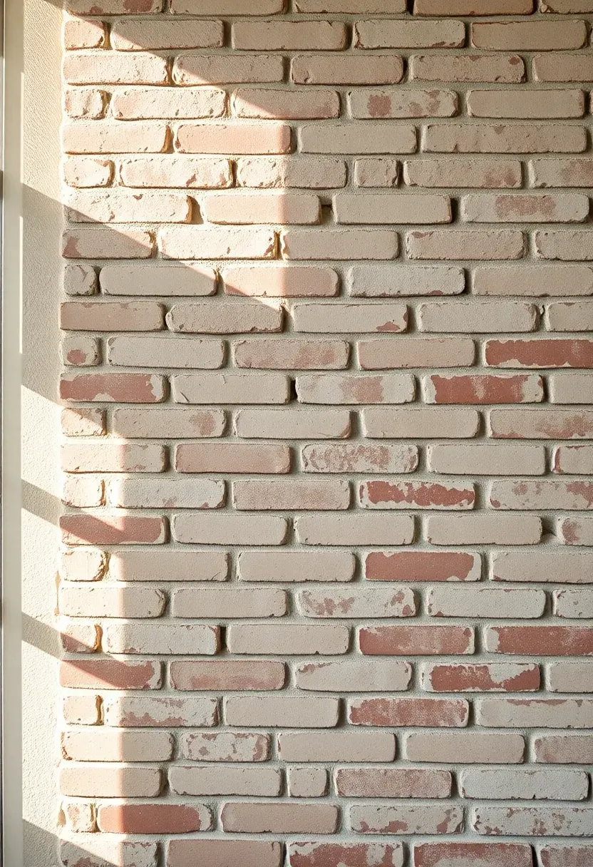 Softly whitewashed brick accent wall with creamy variation behind open wood shelves displaying vintage pottery in a warm rustic shabby chic cottage kitchen