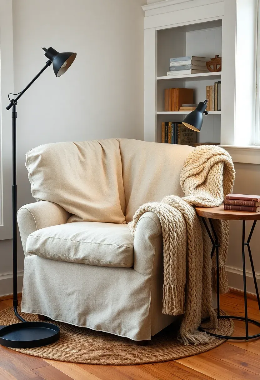Cozy farmhouse reading nook with oversized chair, chunky knit throw, floor lamp, and built-in bookshelf