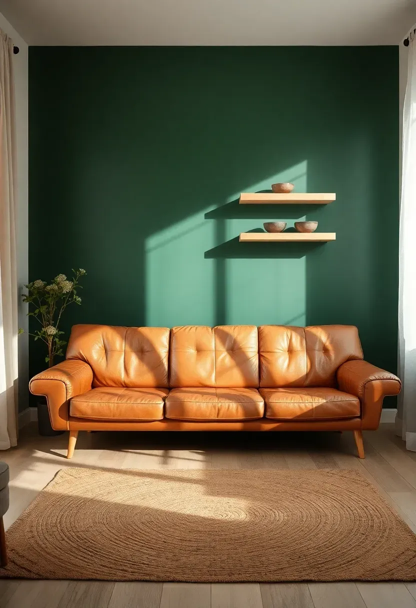 living room accent wall painted deep forest green with a tan leather sofa and wooden floating shelves