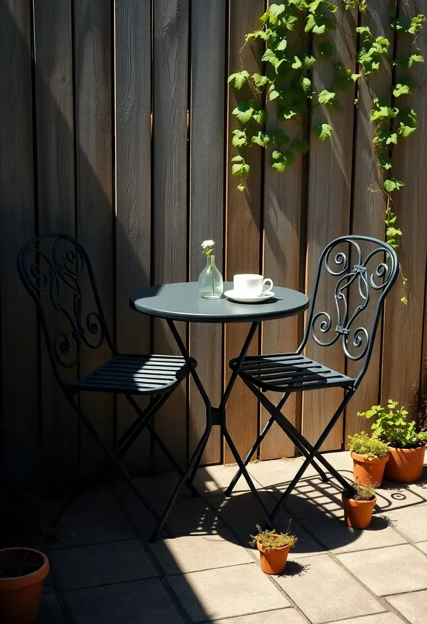 Small folding metal bistro table and chairs in a sunny backyard corner with a coffee tray and potted herbs