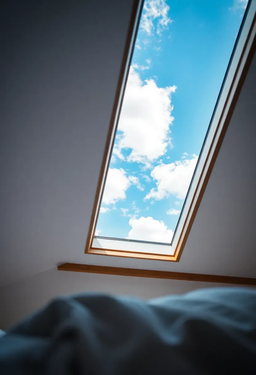 Hyper-realistic view from tiny house sleeping loft looking up through skylight at blue sky with clouds. Materials: white painted ceiling, wood trim around skylight, bedding visible at frame edge. Bright diffused daylight streaming through skylight. Dreamy composition emphasizing connection to sky above. Slight wide-angle view showing loft context. No text, no logos, lifestyle magazine style.</p>