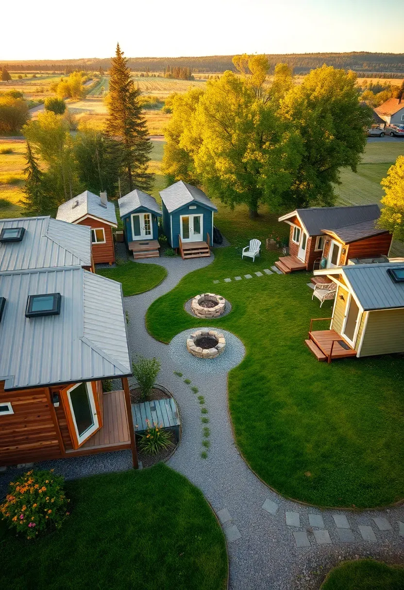 Hyper-realistic wide 3/4 view of a tiny house community showing 5-6 tiny houses arranged in a semi-circle around a shared green space, walking paths between homes, communal fire pit area, small community garden plots. Each tiny house unique but complementary in design: some modern, some rustic, varying colors. Materials: mix of wood siding, metal roofs, warm wood tones, gravel paths, green grass, wildflowers. Late afternoon golden hour lighting creating warm inviting atmosphere. Visible outdoor seating, solar panels, small decks. Community-oriented planning like co-housing developments. Architectural photography style. No text, no logos, no watermarks.</p>