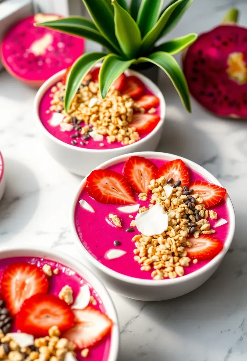 vibrant dragon fruit smoothie bowls with pink pitaya base topped with coconut flakes and berries in white bowls