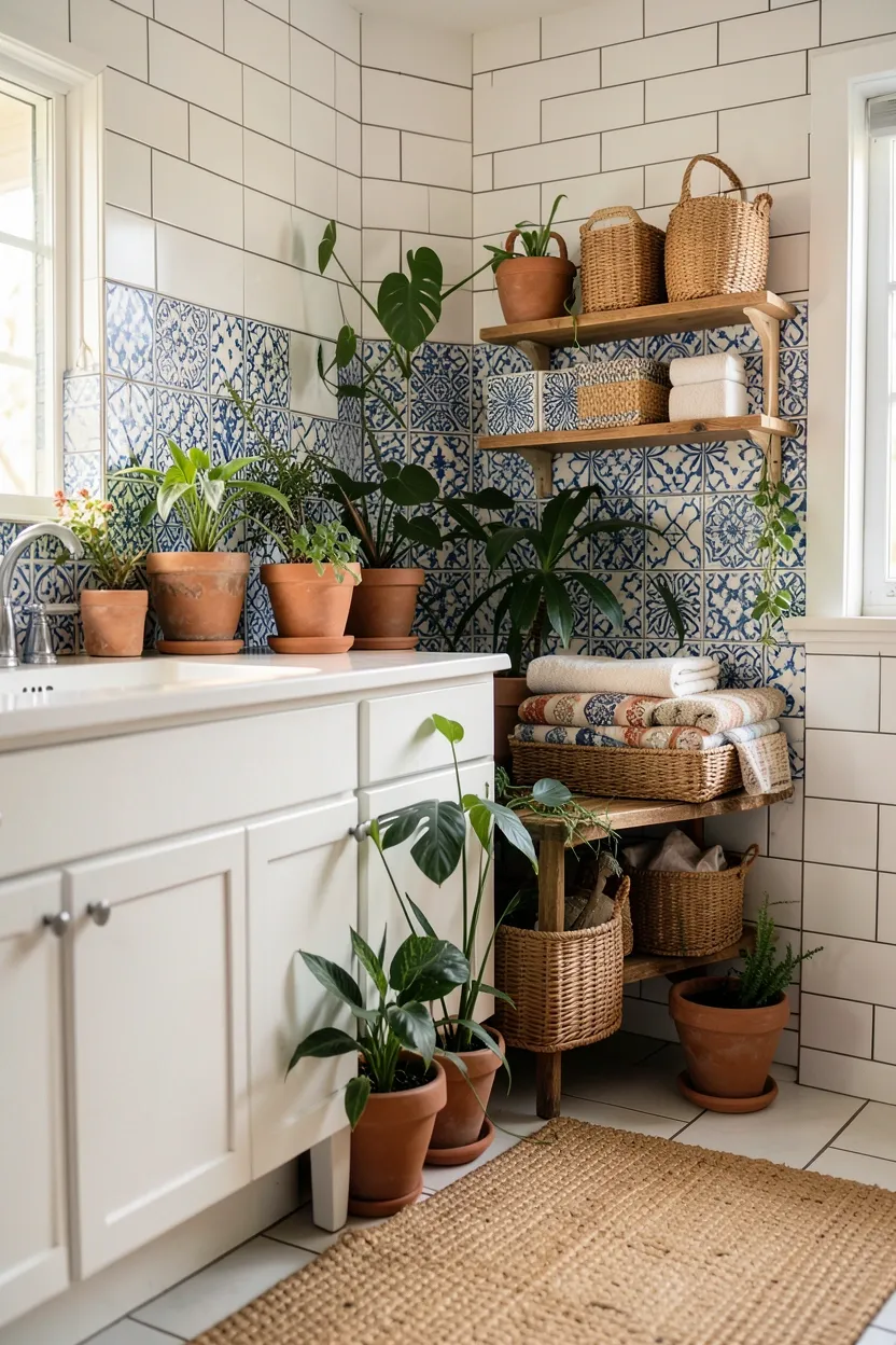 Light oak floating wood shelves with folded white towels and woven baskets in a neutral rental bathroom