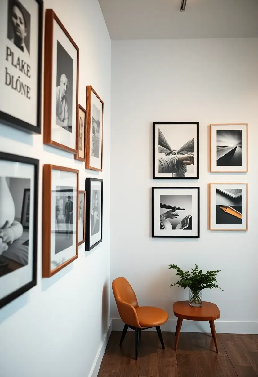 Curated gallery wall in a teen room with mixed-size art prints, photography, and quote posters in coordinating black and white frames