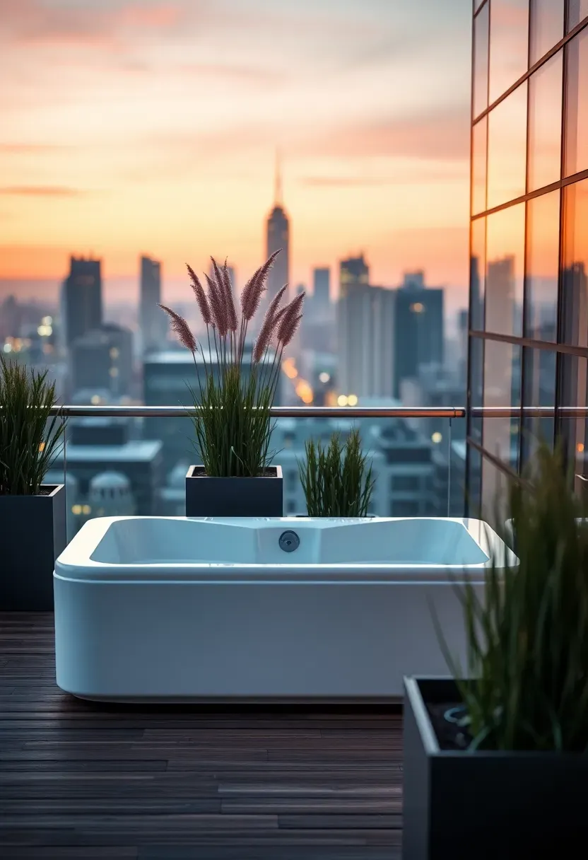 A rooftop deck with a modern hot tub and city skyline view at dusk with glass panel railings and potted ornamental grasses