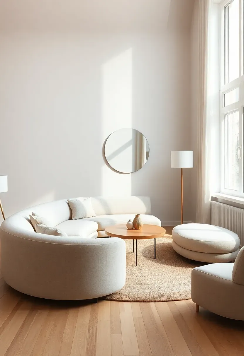 Hyper-realistic 3/4 view of minimalist living room featuring rounded furniture elements softening space. Materials: curved camelback sofa in cream linen, round coffee table (4ft diameter), cylindrical floor lamp, arched floor mirror, circular rug. Straight architectural lines of walls/windows contrasted with curved furniture. Natural light highlighting soft curves against straight lines. Light wood floor, white walls. Sharp focus on curved furniture shapes. Visible room context showing harmonious mix of straight and curved elements. No text, no logos, no watermarks.</p>