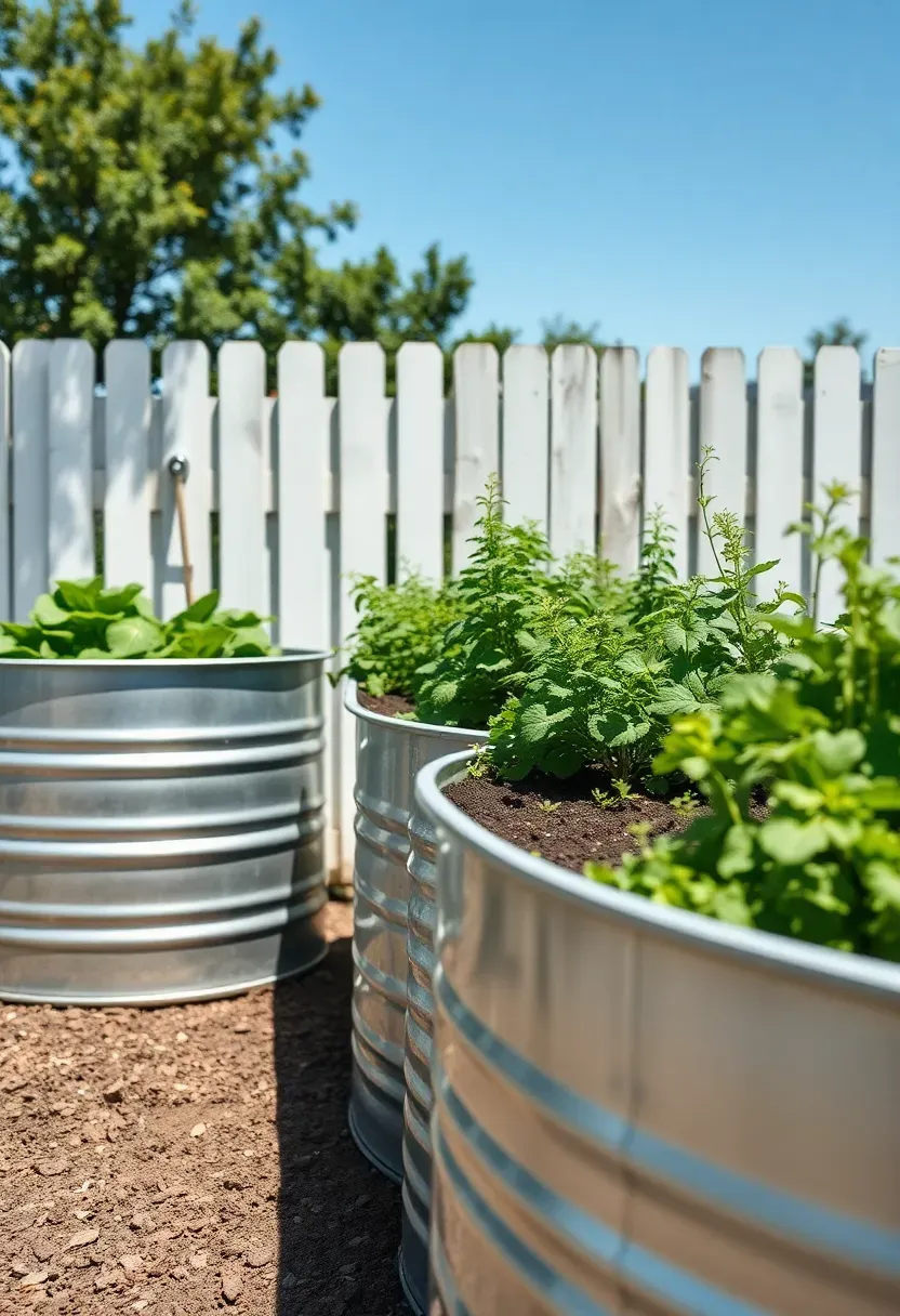 Row of galvanized steel trough raised garden beds in a modern farmhouse backyard, planted with leafy greens, with a white fence and blue sky in the background