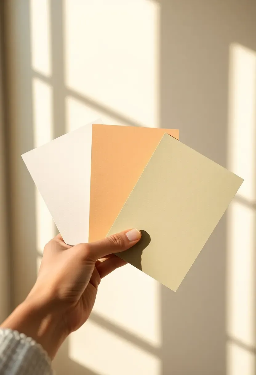 Person holding warm neutral paint swatches — linen, parchment, and taupe — against a white bathroom wall in natural daylight to choose a 2026-ready color palette