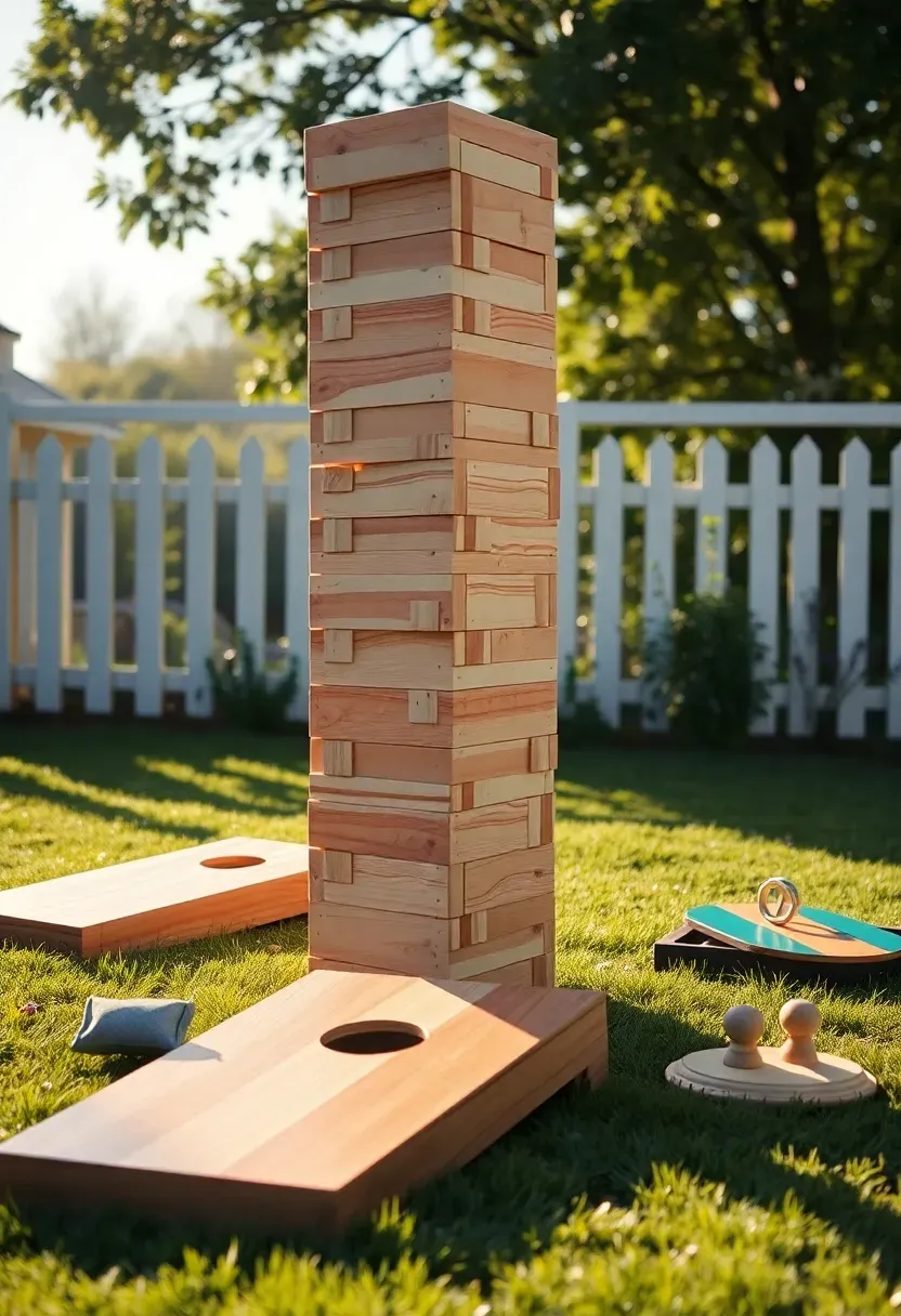 Backyard lawn game area with giant Jenga, cornhole boards, and ring toss set up on grass for a teen party